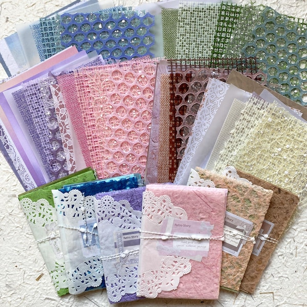 15 Mixed Paper Pack, Mulberry, Assorted Color Cotton, Crepe, Lace, Decoupage Paper, Tissue, for Junk Journal, Scrapbooking, Vintage Journal