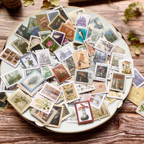 Adesivi con francobolli vintage, collezioni di francobolli, confezione di adesivi per diario, 46 adesivi a tema retrò, kit di diario spazzatura per scrapbooking e journaling