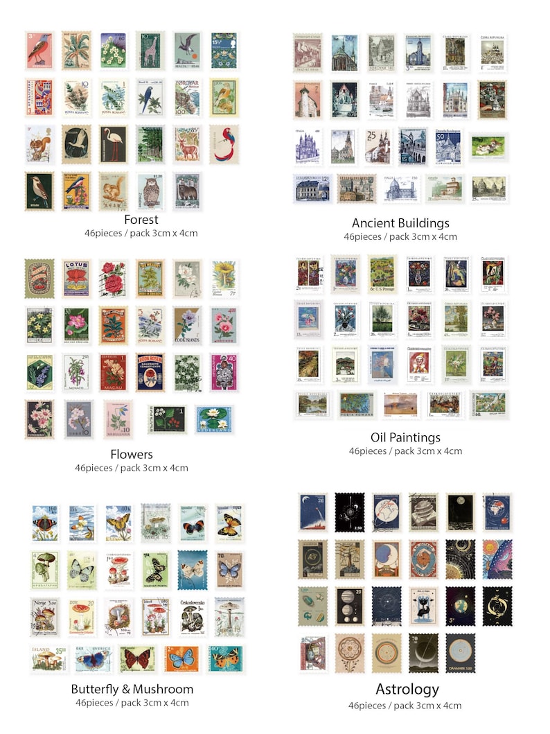 Vintage Stamps Stickers, Stämpelsamlingar, Journal Stickers Pack, 46 st retro-tema klistermärken, Junk Journal Kit för scrapbooking bild 10