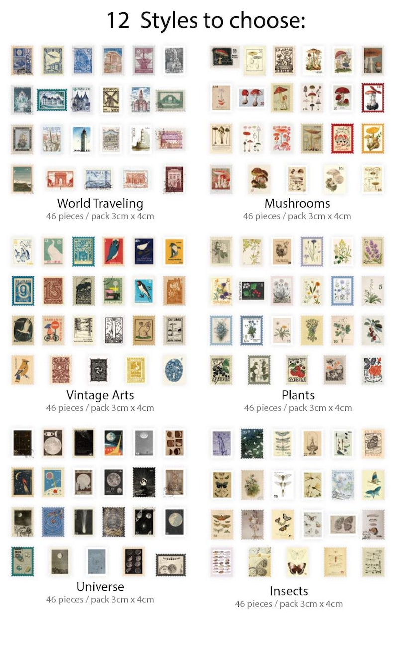 Vintage Stamps Stickers, Stämpelsamlingar, Journal Stickers Pack, 46 st retro-tema klistermärken, Junk Journal Kit för scrapbooking bild 9