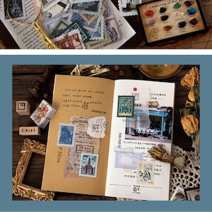 Vintage Stamps Stickers, Stämpelsamlingar, Journal Stickers Pack, 46 st retro-tema klistermärken, Junk Journal Kit för scrapbooking bild 8