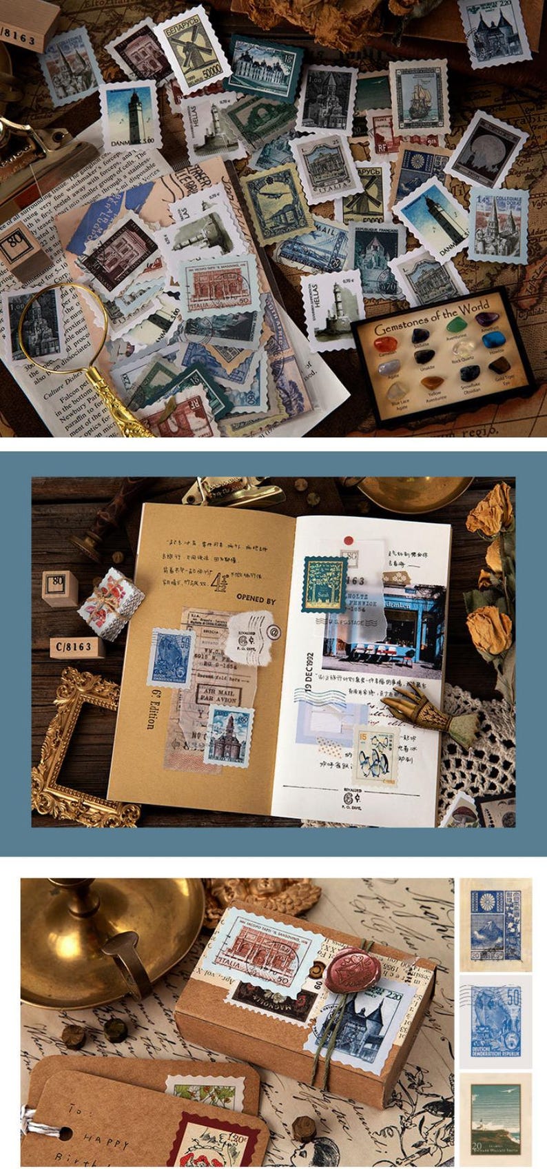 Vintage Stamps Stickers, Stämpelsamlingar, Journal Stickers Pack, 46 st retro-tema klistermärken, Junk Journal Kit för scrapbooking bild 8