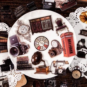 Pegatinas de diario vintage, temáticas antiguas, coches antiguos, fonógrafos, relojes, pegatinas para muebles, kit de diario basura para álbum de recortes de diario vintage