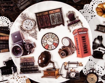Vintage Journal Stickers, Antique Themed, Old Car, Phonographs, Clock, Furniture Stickers, Junk Journal Kit for Vintage journal Scrapbook