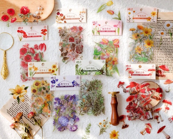 40 Pcs Retro Floral Stickers Set PET Transparent Flower Stickers for  Scrapbooking Planner Journaling Diy Crafts Album