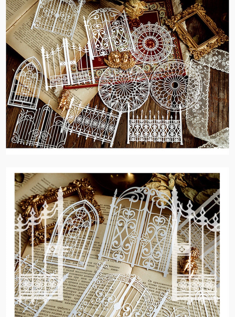 Puede incluir: Un conjunto de dise&ntilde;os decorativos de papel troquelado blanco que presentan varias puertas y vallas ornamentadas. Los dise&ntilde;os son intrincados y detallados, con una apariencia delicada y de encaje.