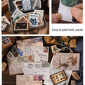 Vintage Stamps Stickers, Stämpelsamlingar, Journal Stickers Pack, 46 st retro-tema klistermärken, Junk Journal Kit för scrapbooking bild 4
