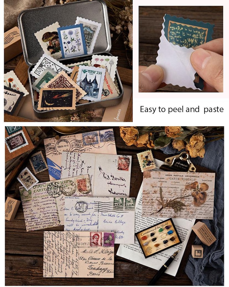 Vintage Stamps Stickers, Stämpelsamlingar, Journal Stickers Pack, 46 st retro-tema klistermärken, Junk Journal Kit för scrapbooking bild 4