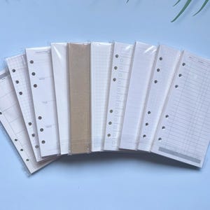 Pu&ograve; includere: Un set di 10 inserti di ricarica in carta bianca, bianca e marrone per un raccoglitore a 6 anelli. Gli inserti hanno stili diversi, tra cui pagine a righe, quadrettate e vuote.
