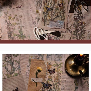 May include: A collection of vintage botanical paper ephemera featuring delicate floral illustrations and butterflies. The papers have a distressed, aged look and are perfect for scrapbooking, journaling, or crafting.