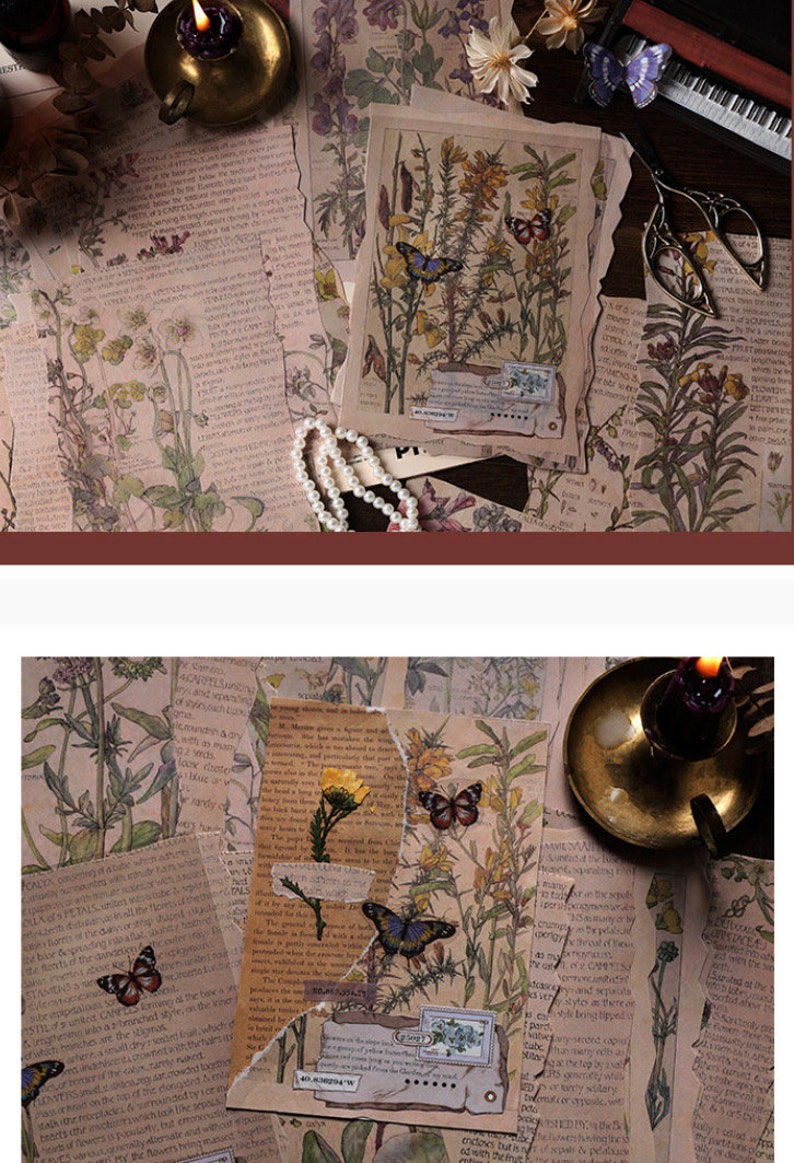 May include: A collection of vintage botanical paper ephemera featuring delicate floral illustrations and butterflies. The papers have a distressed, aged look and are perfect for scrapbooking, journaling, or crafting.