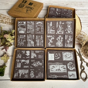 Stempelblokken, schuimrubberen stempelset, vintage stijlzegels, planten, bloemen, etiketten, kaartjes Stempels voor logboek, kaarten maken, papierstempelen