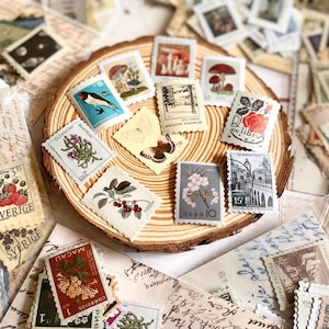 Vintage Stamps Stickers, Stämpelsamlingar, Journal Stickers Pack, 46 st retro-tema klistermärken, Junk Journal Kit för scrapbooking bild 2