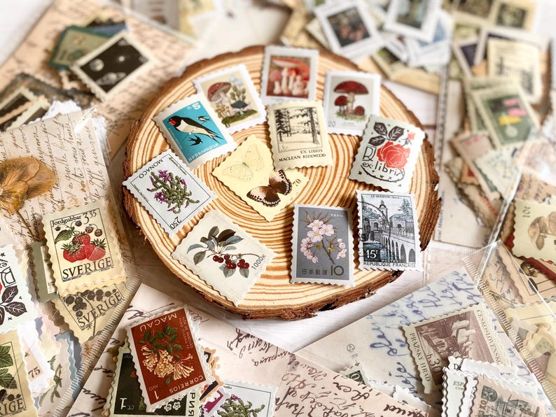 Vintage Stamps Stickers, Stämpelsamlingar, Journal Stickers Pack, 46 st retro-tema klistermärken, Junk Journal Kit för scrapbooking bild 2