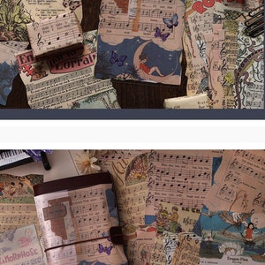 May include: A collection of vintage music sheet paper scraps with a brown leather bound journal. The journal has a clear plastic cover and is decorated with butterfly and moon designs. The paper scraps feature musical notes, lyrics, and illustrations.