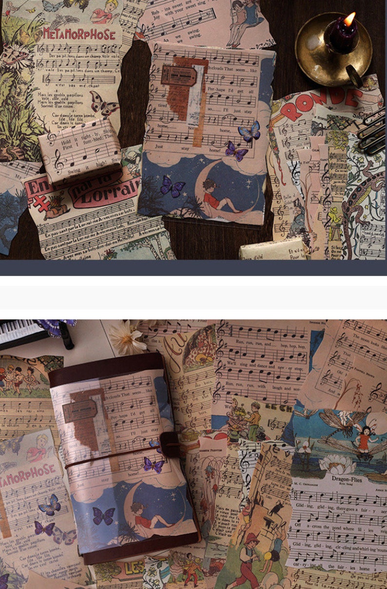 May include: A collection of vintage music sheet paper scraps with a brown leather bound journal. The journal has a clear plastic cover and is decorated with butterfly and moon designs. The paper scraps feature musical notes, lyrics, and illustrations.