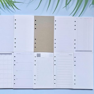 Pu&ograve; includere: Un set di 10 inserti di carta vuoti, bianchi e marroni per un planner a spirale. Gli inserti hanno diversi layout, tra cui pagine a righe, grigliate e vuote.