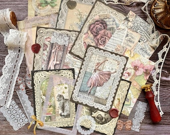 Lace Themed Scrapbook Paper Pack, 40 Mixed Vintage Journaling Paper Set, Junk Journal Kit, Lace Stickers,Ephemeras, Lace Frames,Lace Borders