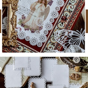 Puede incluir: Un conjunto de ocho servilletas de papel blancas con intrincados dise&ntilde;os de encaje. Las servilletas est&aacute;n dispuestas sobre una superficie de madera con un libro y una peque&ntilde;a figura.