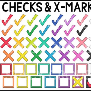 May include: A set of colourful checkmarks, X marks, and square boxes. The checkmarks and X marks are in various colours, including red, orange, yellow, green, blue, purple, pink, and black. The square boxes are in the same colours as the checkmarks and X marks. The image is labelled "CHECKS & X-MARKS".