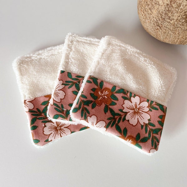 Lot de 3 lingettes ou débarbouillettes démaquillantes  lavables en tissu éponge de bambou blanc et tissu 100 % coton à grosses fleurs marron