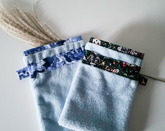 Gants de toilette pour adulte très doux en éponge de bambou blancs et originaux à motifs mexicains et chats en fleurs bleus