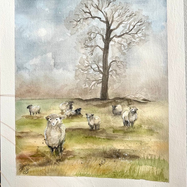 Aquarelle originale "Moutons",  paysage brumeuse, peinture sans cadre 32 x 24 cm