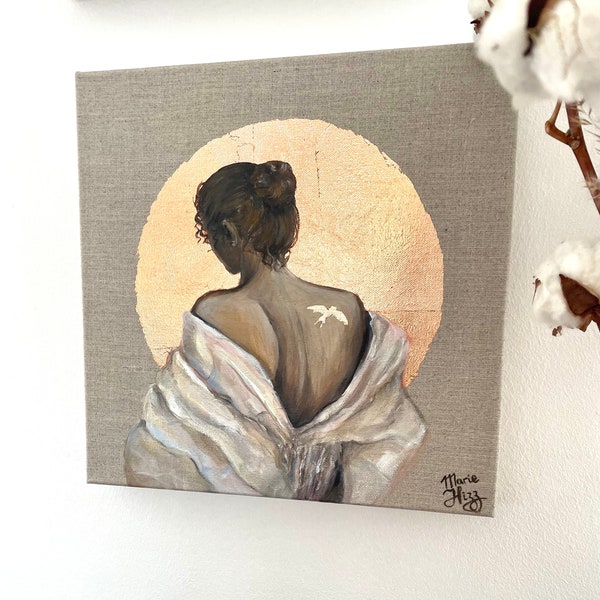 Peinture à l'huile originale “Hirondelle”, 30x30cm silhouette de femme dorée