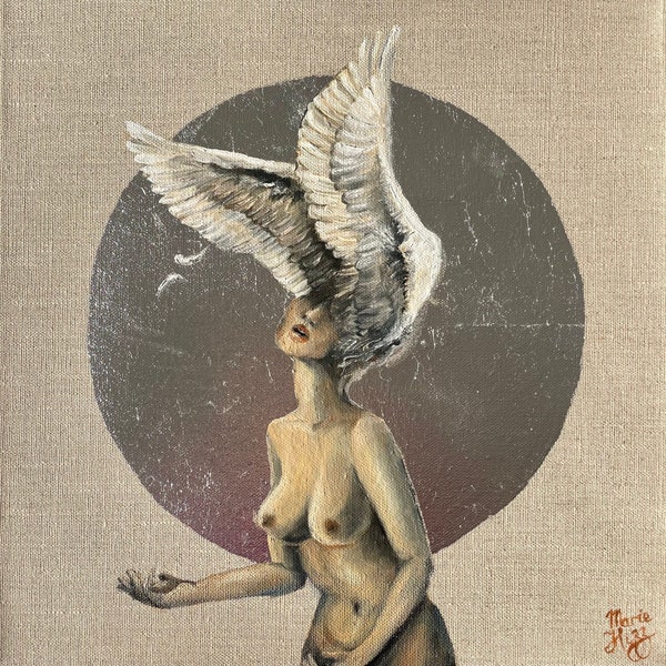 Peinture 30x30cm à l'huile originale “À l’intérieur ”, silhouette de femme avec les ailes d'oiseau argentés