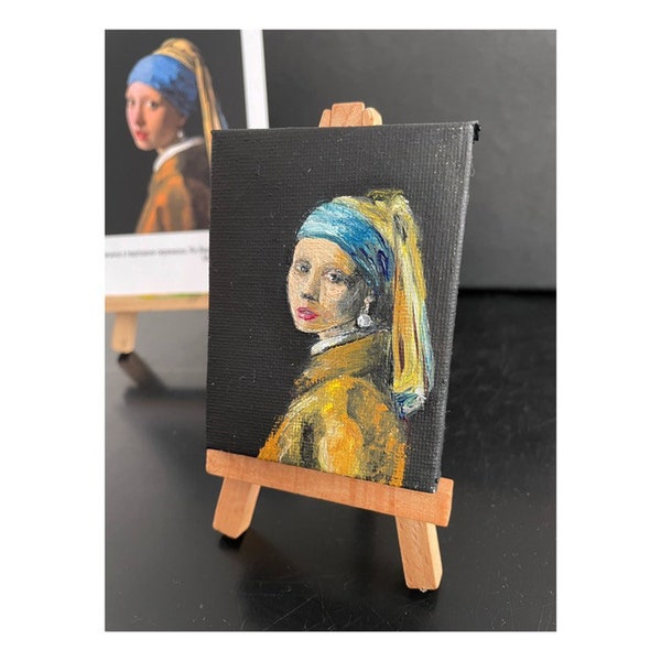 Aimant peinture miniature "La jeune fille à la perle" par Vermeer, copie de la peinture en huile 6x8 cm, portrait d'une femme