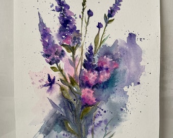 Originele semi-abstracte aquarel "Lupinebloem" 30x21cm/11,8x8,3 inch