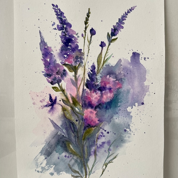 Aquarelle originale semi-abstraite "Fleure de lupin" 30x21cm/ 11.8x8.3 inch