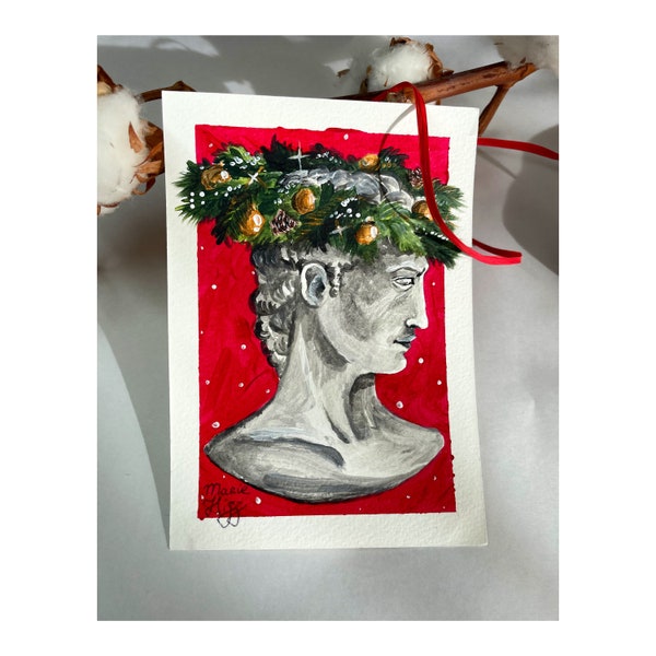 Carte postale originale "David en couronne de sapin" de la série des designs uniques avec des statues de mythes en tenue Noël