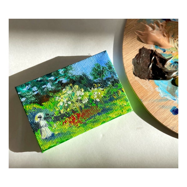 Mini magnet painting "Allure de Monet", oil painting, reproduction of "La Dame en blanc au jardin" by Claude Monet