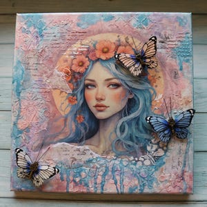 Mixed media art, OOAK, wall hanging, dorm decor, butterfly art, teen, floral art, 3D media, paint on canvas, textured art