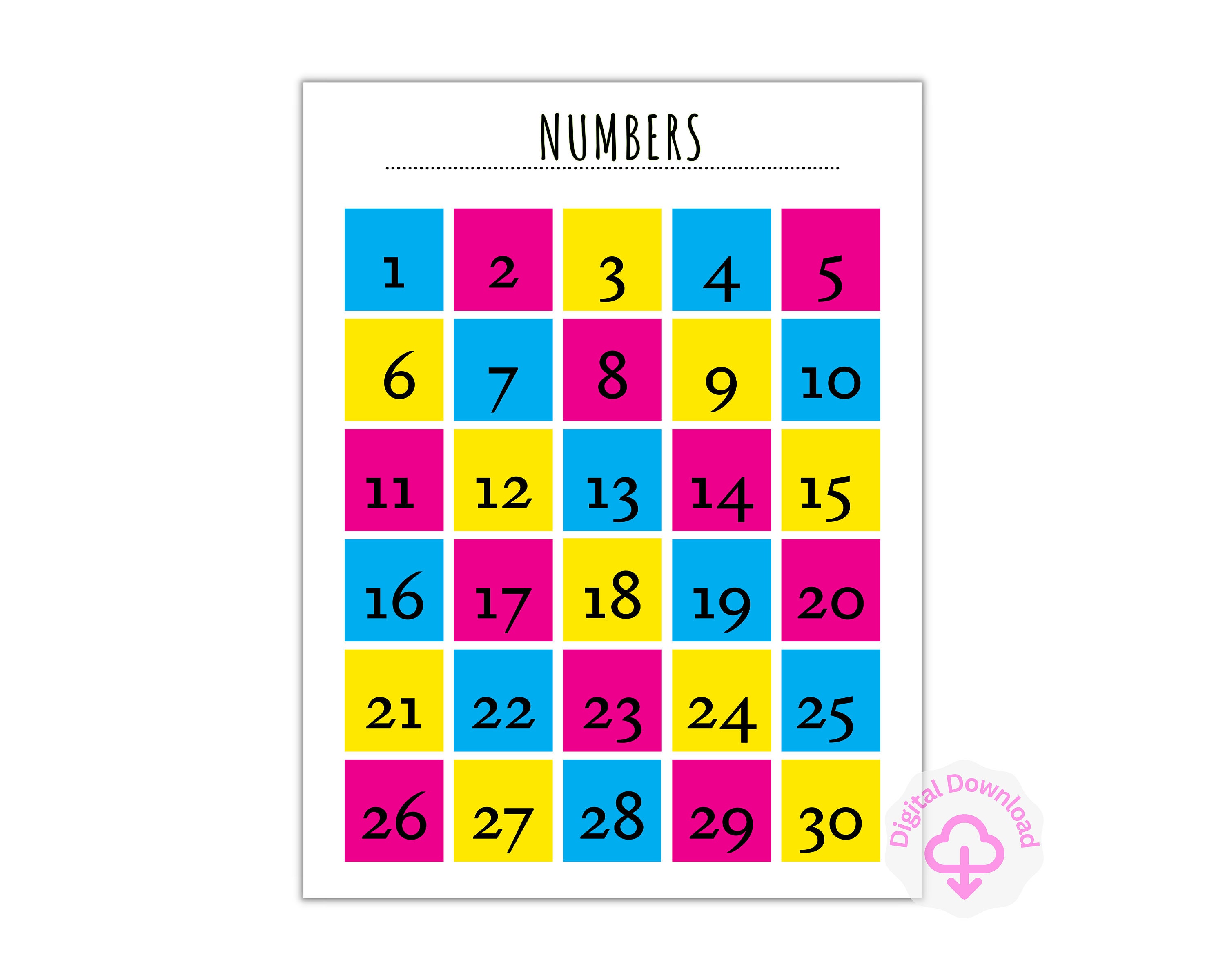 Kids Number Chart 1-30, Playful Printable Wall Poster, Bold Educational ...
