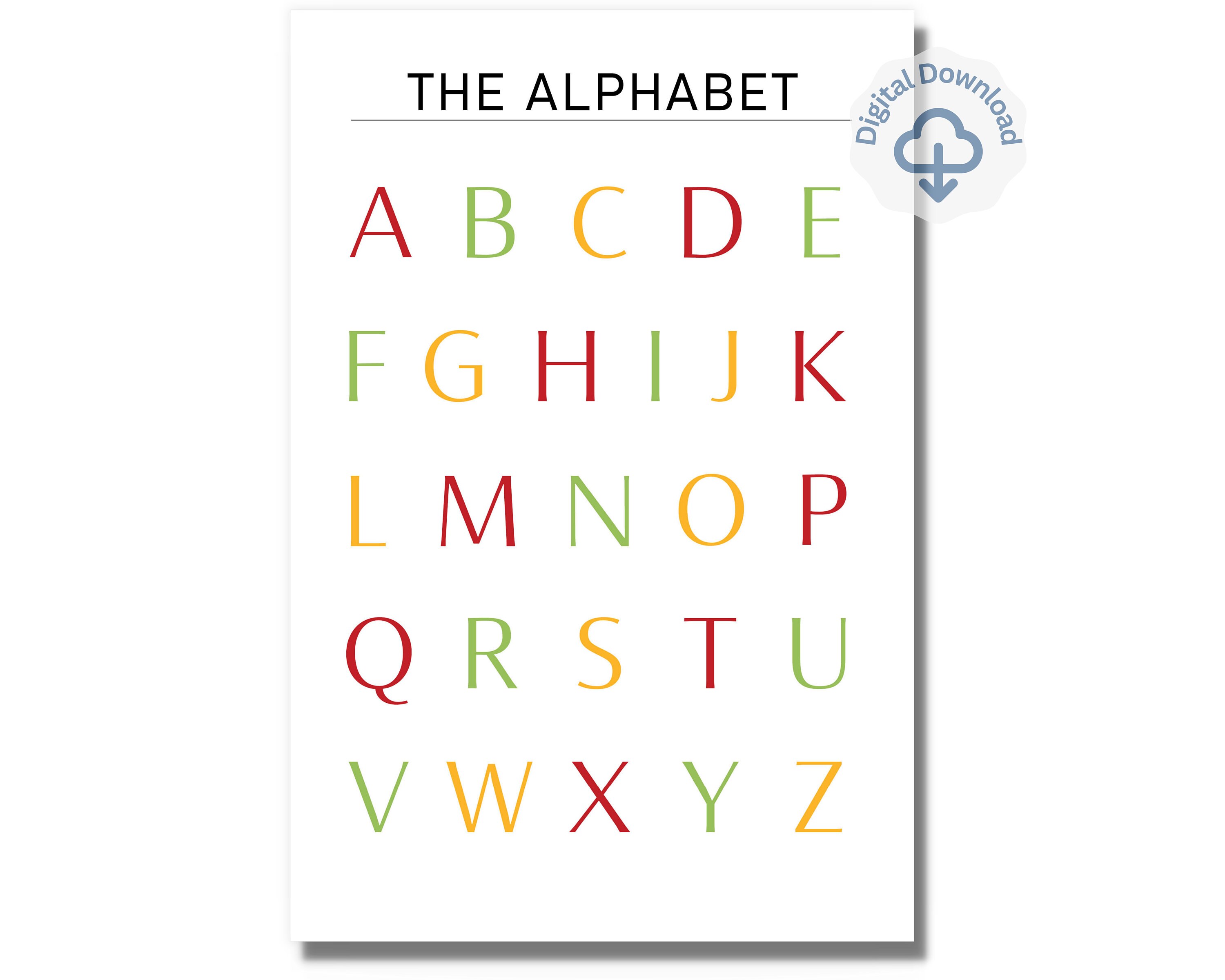 Colorful Alphabet Chart, Printable Preschool Poster, Kids Room Décor
