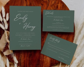 Moss Green Photo Wedding Invitation Suite Template Minimalist Photo Wedding Invitation Elegant Green Editable Wedding Invite Suite Timeless