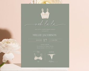 Sage Lingerie Shower Invitation Template, Sage Green Lingerie Bridal Shower Invite, Printable Watercolor Lingerie Invitation, Canva | Lucia