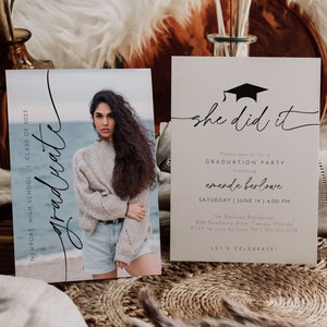 Minimalist Graduation Announcement Template, Simple Photo Graduation Invitation, She Did It Graduation Party Invite, Photo Grad Invite | G1