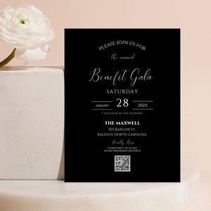 Bella Minimalist Gala Invitation Template, Benefit Dinner Event QR Code Invitation, Black Editable Gala Invite, Printable QR Code Gala Flyer