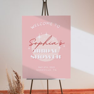 Bridal Shower Welcome Sign Template Pink Retro Bridal Shower Welcome Poster Bridal Shower Sign Pink and Red Wedding Shower Sign Canva Sophia
