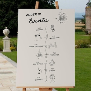 May include: A white sign with black text and illustrations on an easel. The sign lists the order of events for a wedding, including the ceremony, cocktail hour, dinner and speeches, first dance, cake cutting, and dancing.