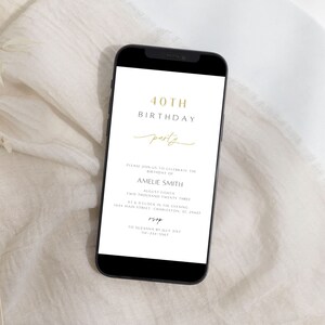 Minimalist 40th Birthday Party Electronic Invitation Template, Elegant 40th Birthday Gold Script Evite, Modern Birthday Digital Invite, Elle