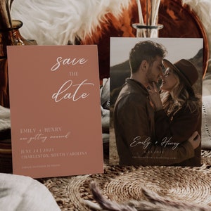 Terracotta Minimalist Photo Save the Date Template Printable Double Sided Boho Save the Date Large Photo DIY Save Our Date Card diy Timeless