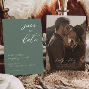 Minimalist Photo Save the Date Template Moss Green Printable Double Sided Boho Save the Date Large Photo Sage Save Our Date DIY Timeless