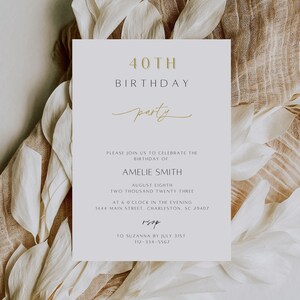 Minimalist 40th Birthday Party Invitation Template, Elegant 40th Birthday Gold Script Invite, Modern 40th Birthday Invite Printable | Elle