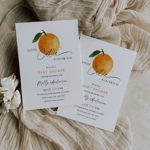 A Little Cutie Is On the Way Baby Shower Invitation Template, Gender Neutral Baby Shower Invite Printable, Orange Baby Shower, Canva | BB1