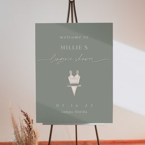 Sage Lingerie Shower Sign Template, Sage Green Lingerie Bridal Shower Welcome Sign, Editable Lingerie Shower Poster, Printable Sign | Lucia