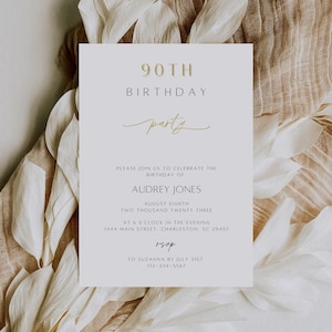 Minimalist 90th Birthday Party Invitation Template, Elegant 90th Birthday Gold Script Invite, Modern 90th Birthday Invite Printable | Elle